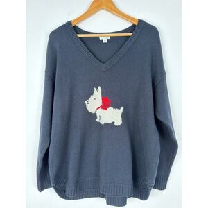 J. Jill Scottie Dog Sweater Women Large Navy Blue V-Neck Intarsia Holiday Preppy
